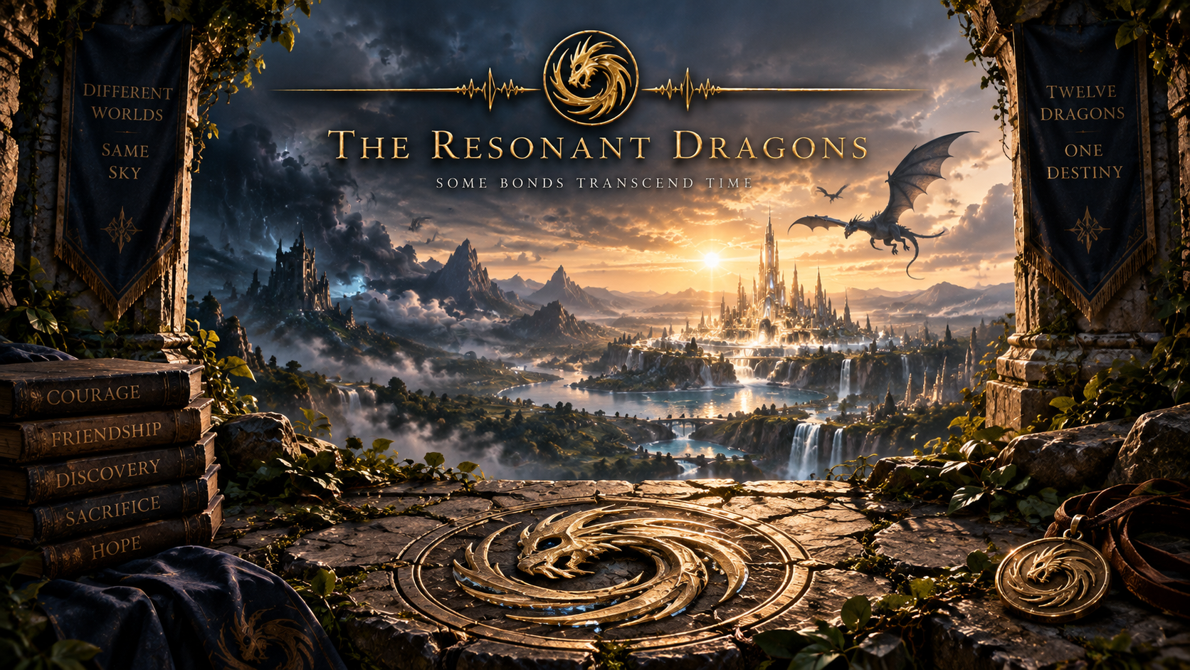 The Resonant Dragons: a golden dragon emblem above a castle, waterfalls, and dragons in flight. Some bonds transcend time.